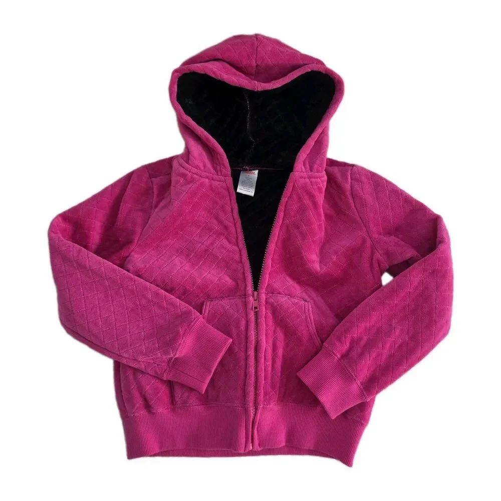 Vintage Gymboree Quilted Jacket Size 8 Pink Velour Hooded Full Zip Lined